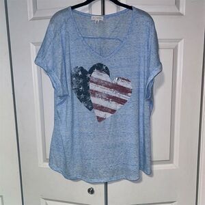 LA Threads Women's 3X Blue V-Neck T-Shirt American Flag Heart Design